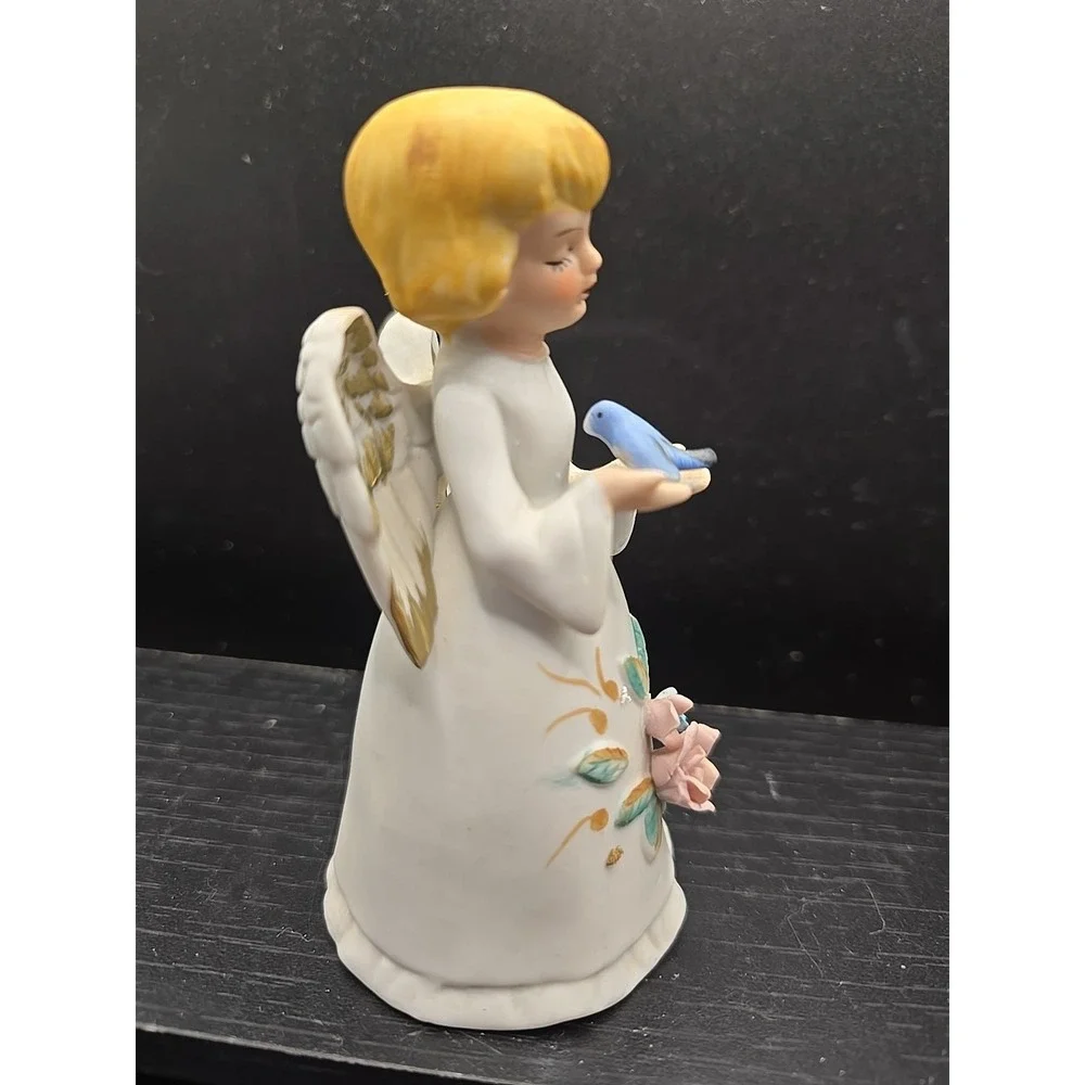 Vintage HOMCO Angel W/ Flowers‎ Holding Blue Bird Porcelain Bell Figurine Bisque